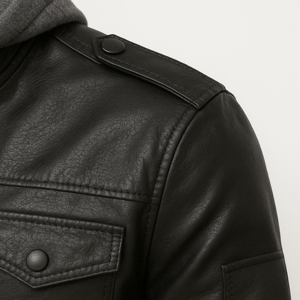Jaqueta de Couro Masculina Motoqueiro com Capuz Destacável