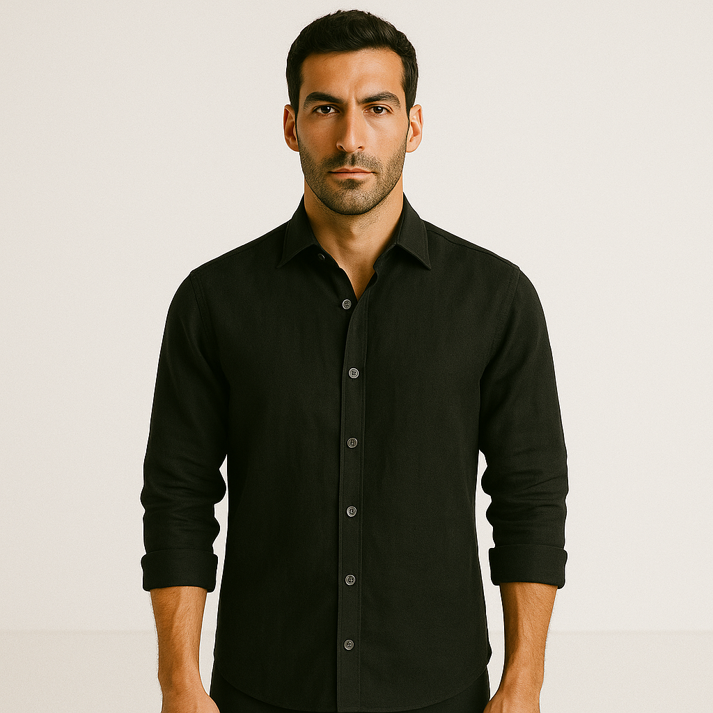 Camisa Masculina Linho Manga Longa Preta Casual