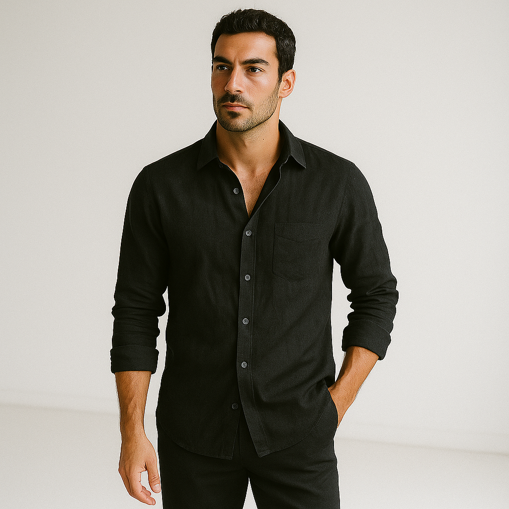 Camisa Masculina Linho Manga Longa Preta Casual