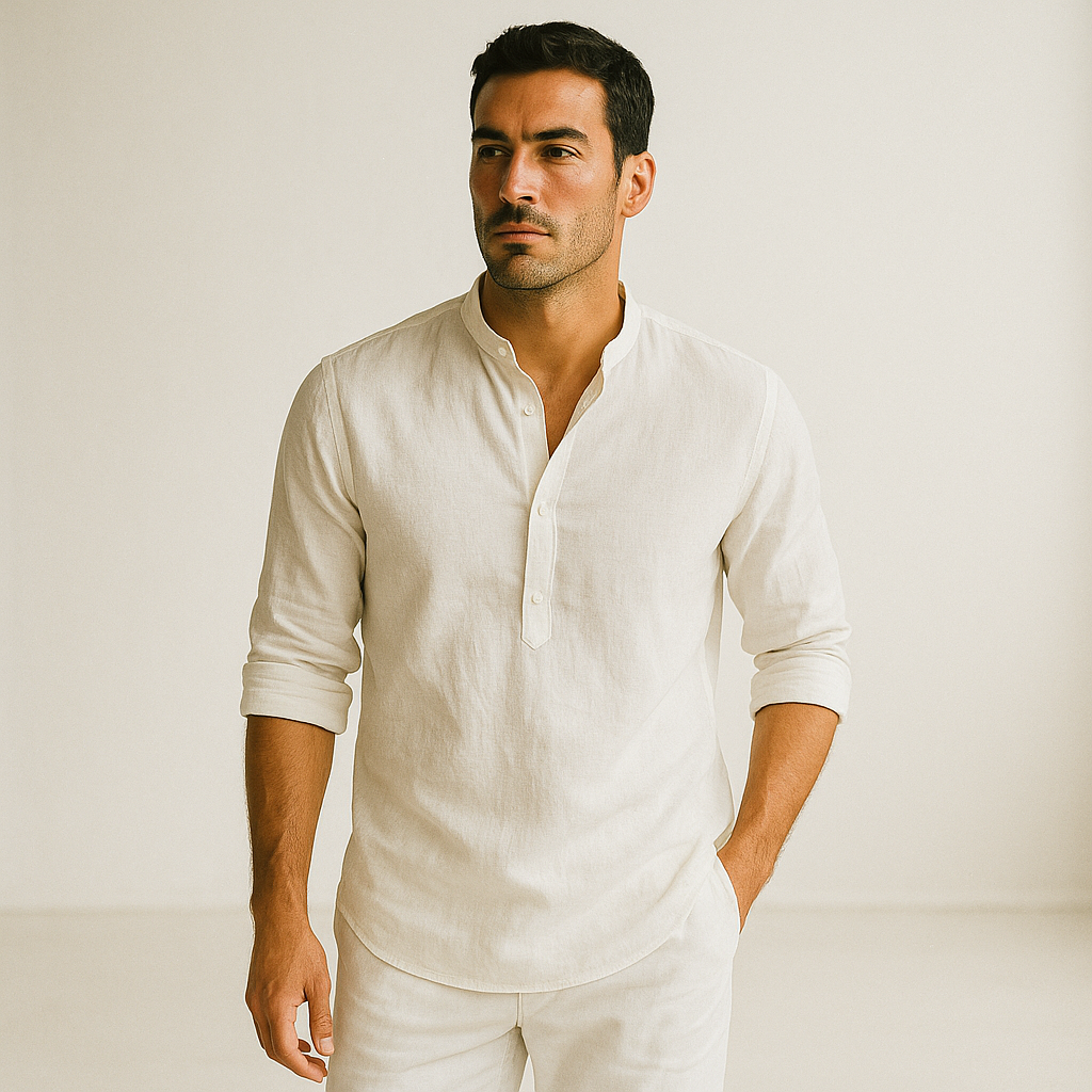 Camisa Masculina Linho Manga Longa Branca Henley