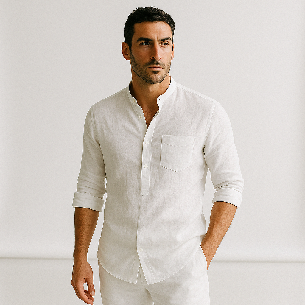 Camisa Masculina Linho Manga Longa Branca Henley