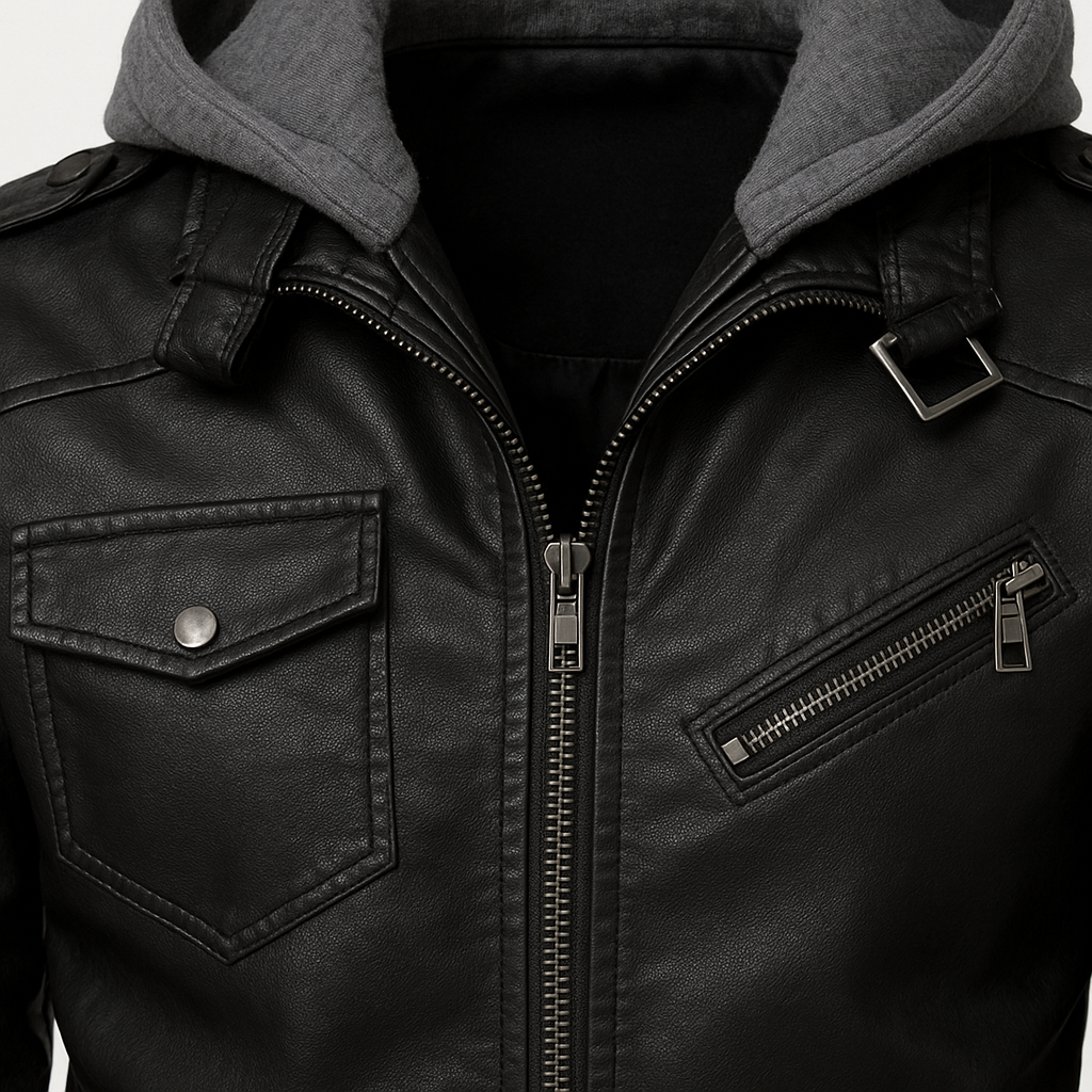 Jaqueta de Couro Masculina Motoqueiro com Capuz Destacável