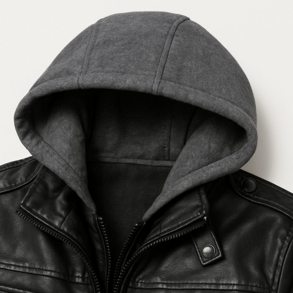 Jaqueta de Couro Masculina Motoqueiro com Capuz Destacável