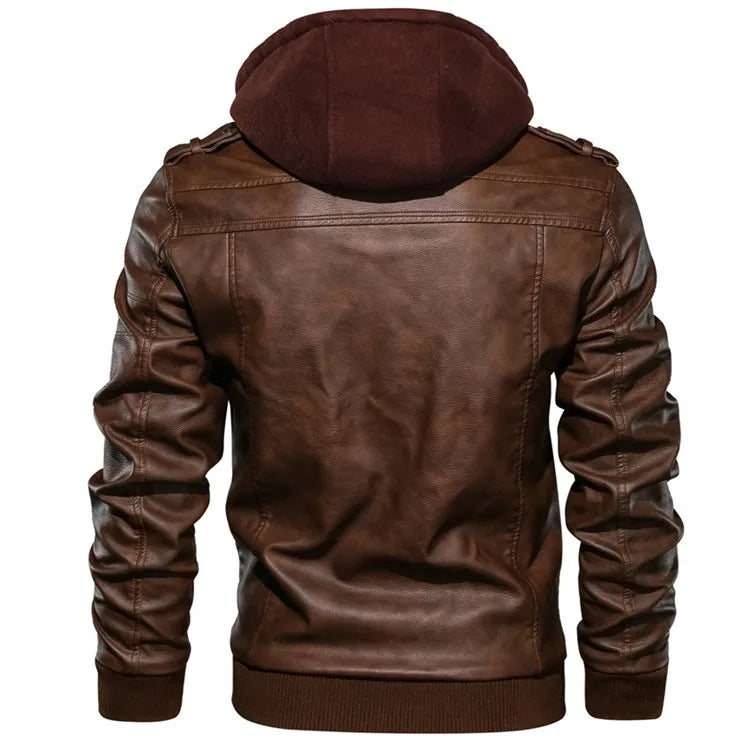 Jaqueta de Couro Masculina Motoqueiro com Capuz Destacável