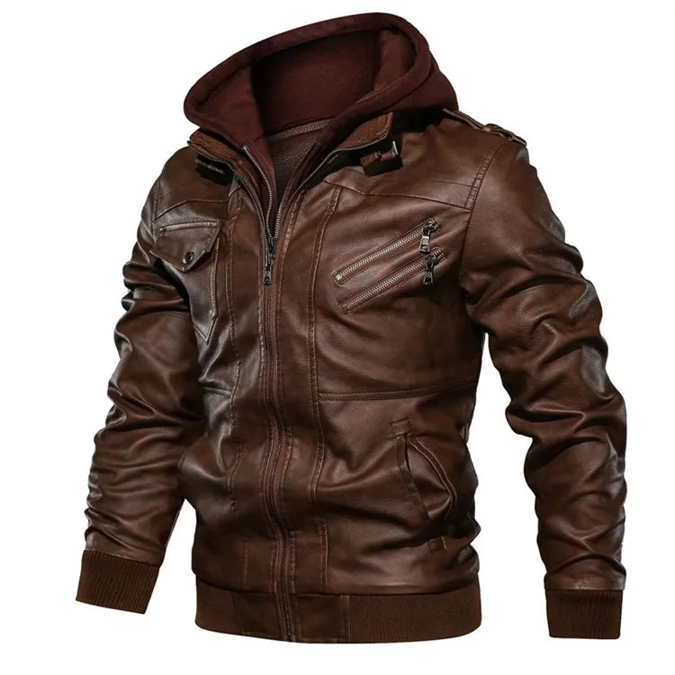 Jaqueta de Couro Masculina Motoqueiro com Capuz Destacável