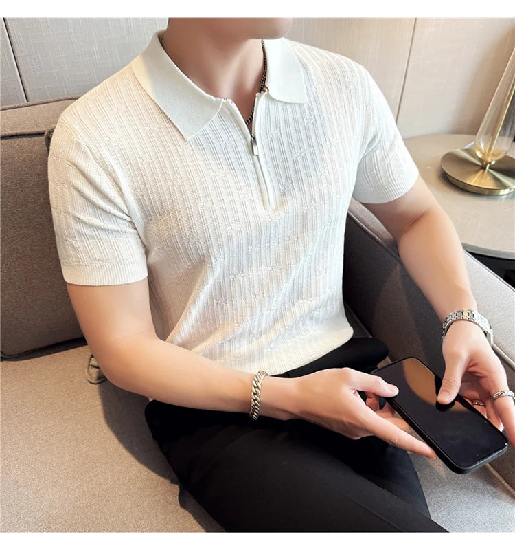 Camisa polo listrada de malha masculina manga curta 2025 verão novo sólido casual respirável luz macia fina casual t camisa roupas masculinas
