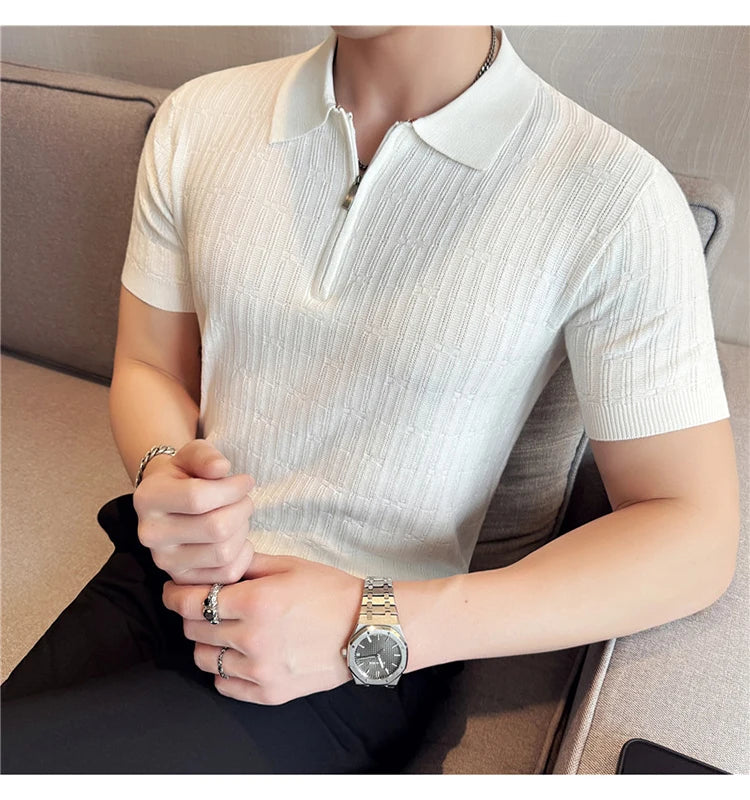 Camisa polo listrada de malha masculina manga curta 2025 verão novo sólido casual respirável luz macia fina casual t camisa roupas masculinas