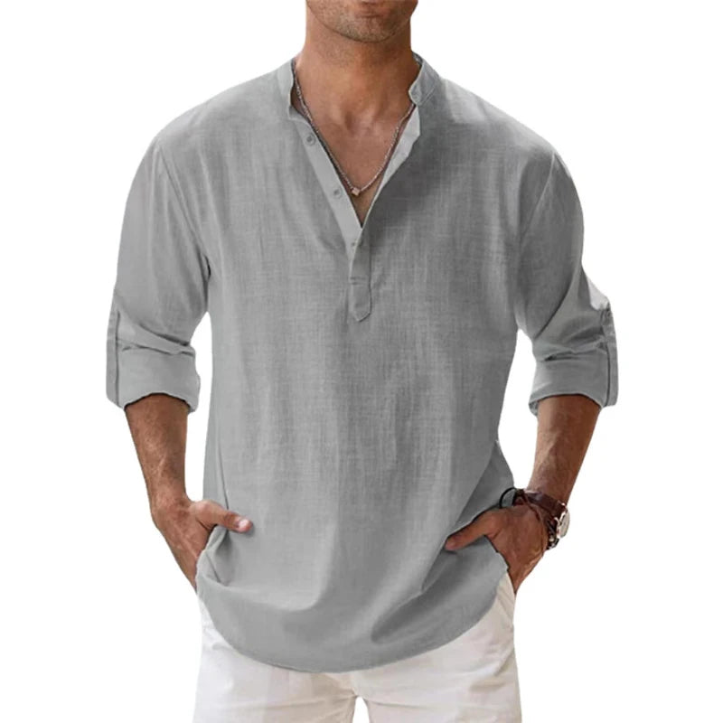 Novas camisas de linho de algodão para homens camisas casuais leves manga longa henley praia camisas havaianas para homem