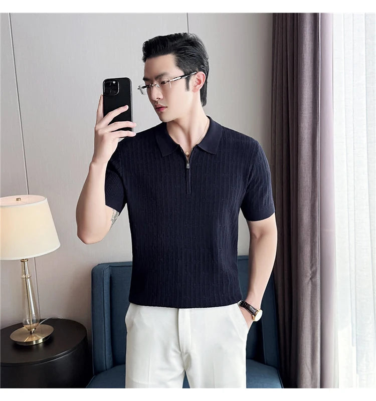 Camisa polo listrada de malha masculina manga curta 2025 verão novo sólido casual respirável luz macia fina casual t camisa roupas masculinas