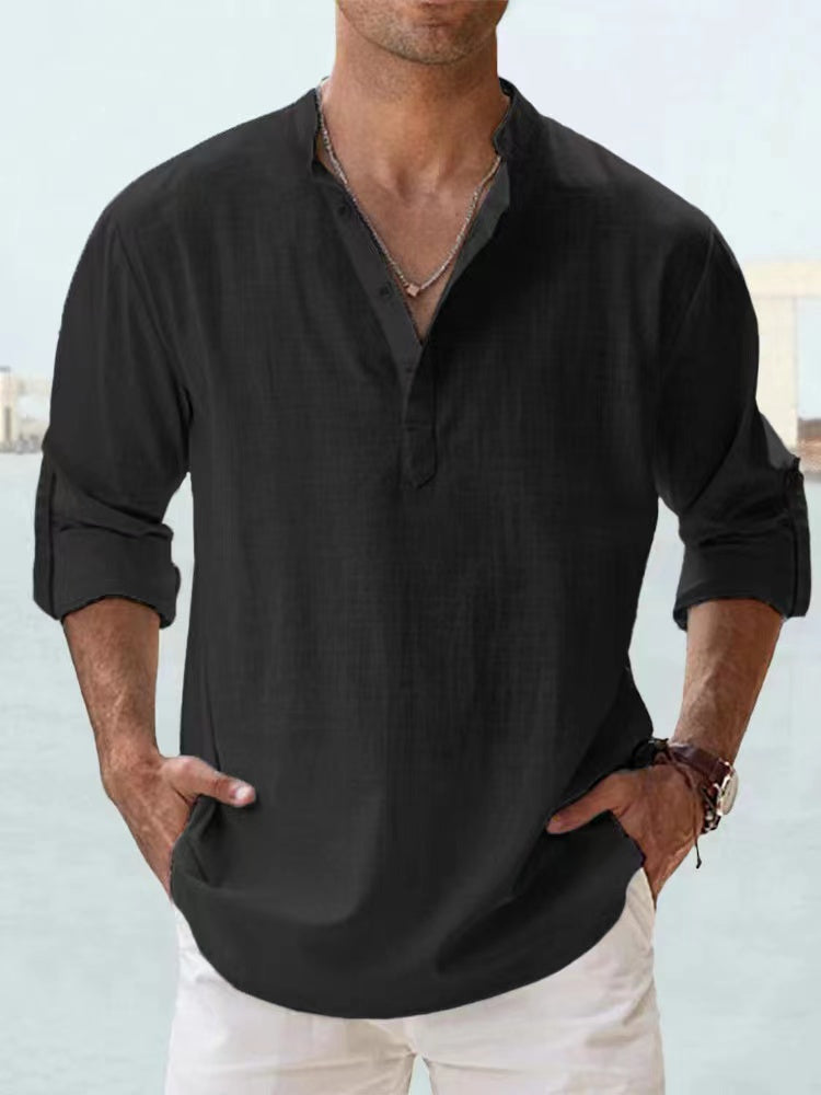 Novas camisas de linho de algodão para homens camisas casuais leves manga longa henley praia camisas havaianas para homem