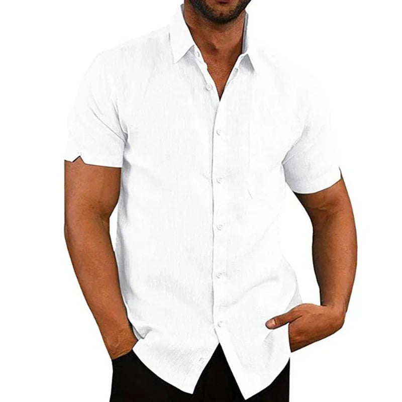 Camisas de linho de algodão de verão para homens casuais camisas de manga curta blusas sólidas gola virada para baixo camisas de praia formais roupas masculinas