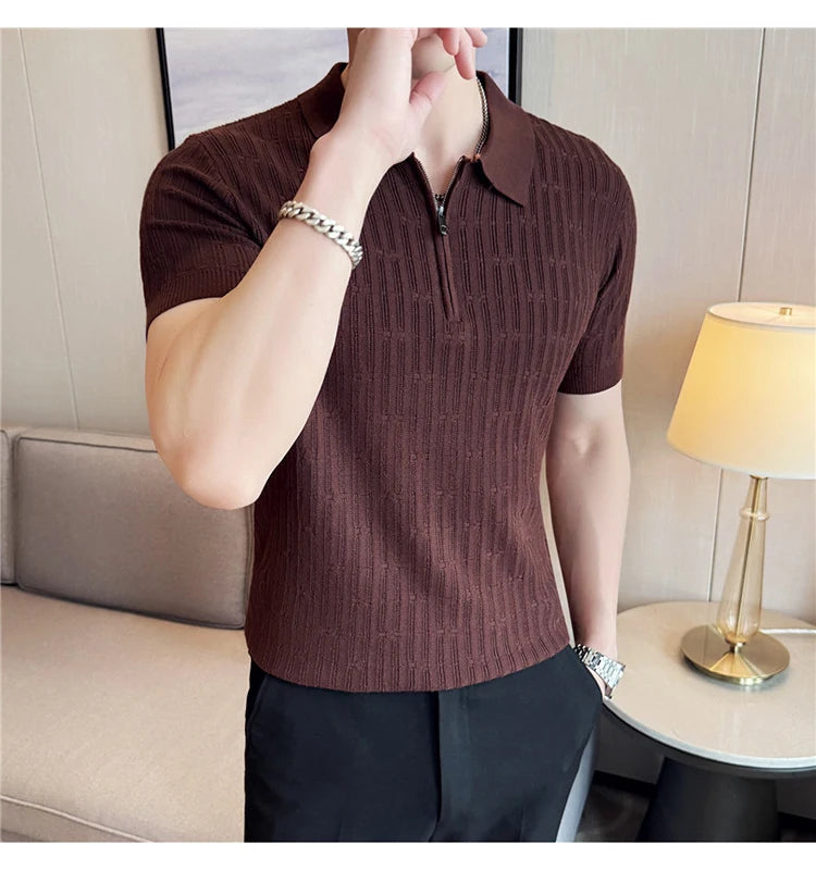 Camisa polo listrada de malha masculina manga curta 2025 verão novo sólido casual respirável luz macia fina casual t camisa roupas masculinas