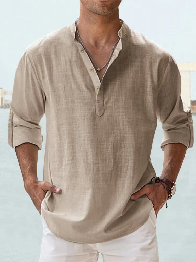 Novas camisas de linho de algodão para homens camisas casuais leves manga longa henley praia camisas havaianas para homem