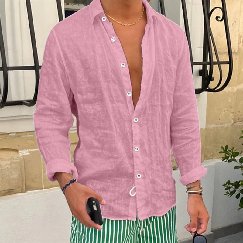 Primavera novas camisas de linho casuais dos homens manga longa botão-up turn-down colarinho camisa à beira-mar praia vintage masculino cor sólida cardigans