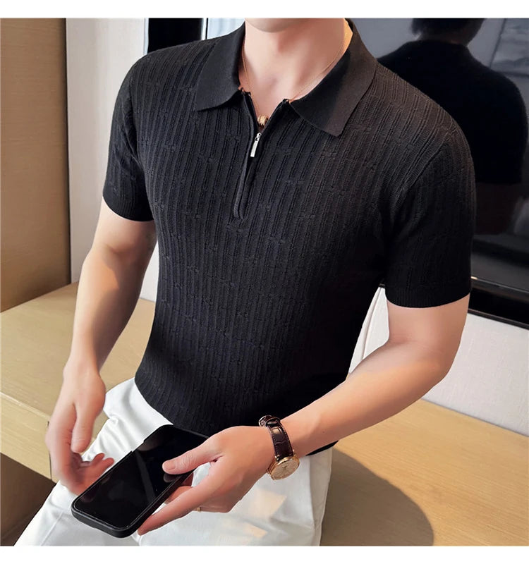 Camisa polo listrada de malha masculina manga curta 2025 verão novo sólido casual respirável luz macia fina casual t camisa roupas masculinas