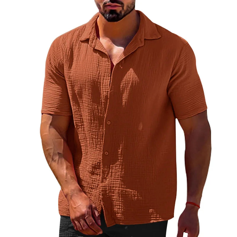Camisa masculina de linho de algodão de manga curta, monocromática, gola virada para baixo, blusa casual de peito único masculina, tops de verão