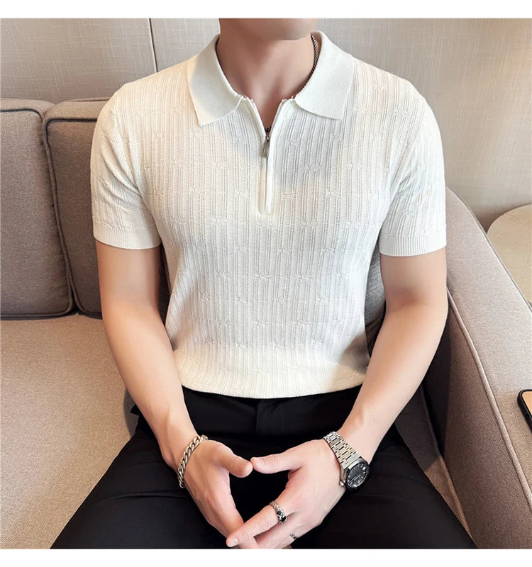 Camisa polo listrada de malha masculina manga curta 2025 verão novo sólido casual respirável luz macia fina casual t camisa roupas masculinas