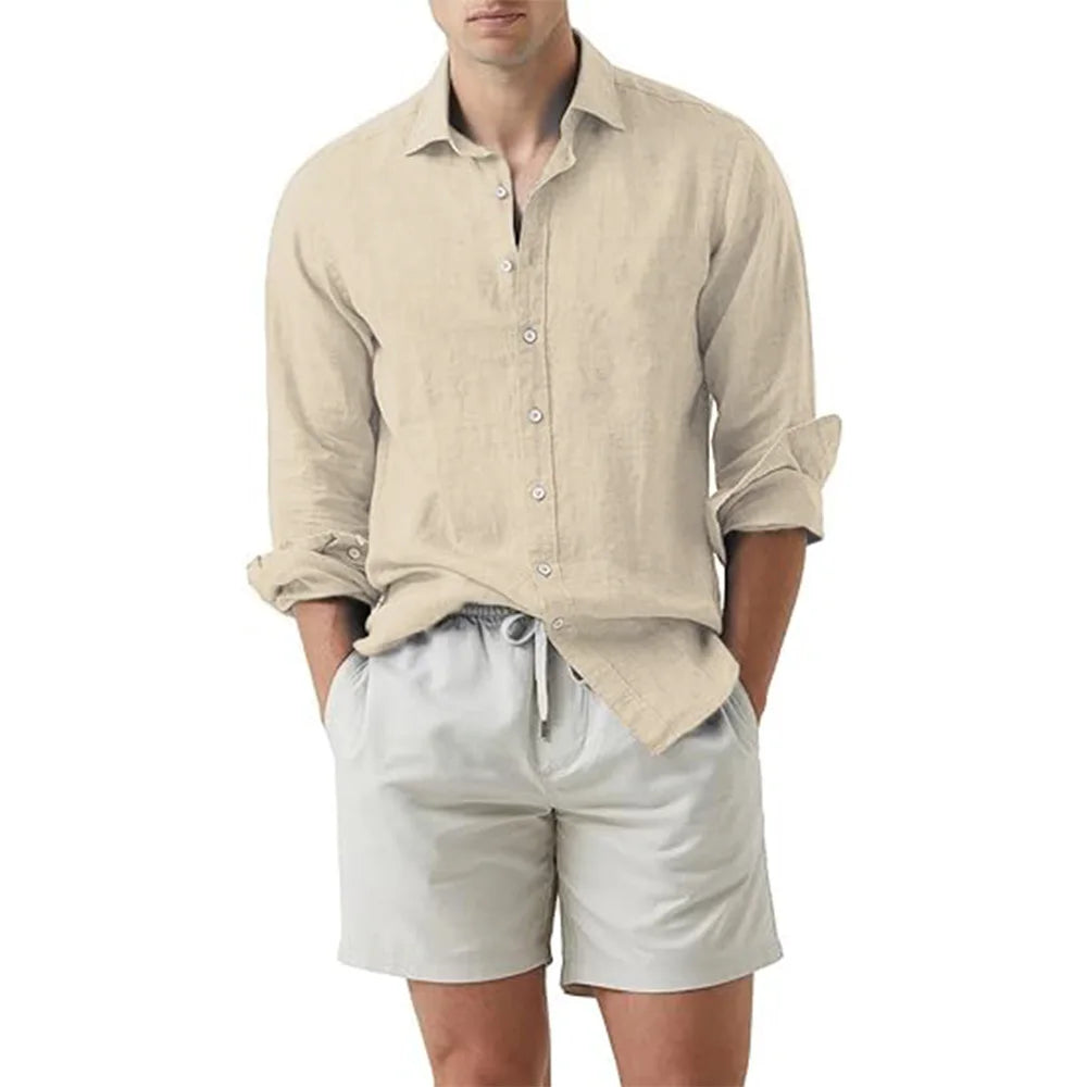 Camisa de verão praia algodão linho camisas masculinas cardigan topos manga comprida gola virada para baixo ajuste fino tamanho grande