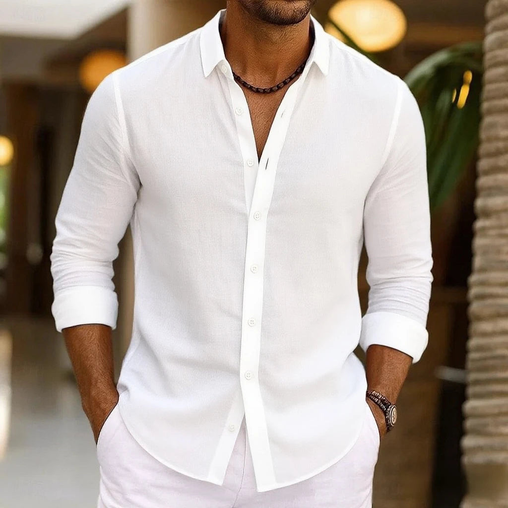 Camisa de linho masculina verão beachwear botão cor sólida algodão linho manga longa camisa férias roupas masculinas transporte rápido