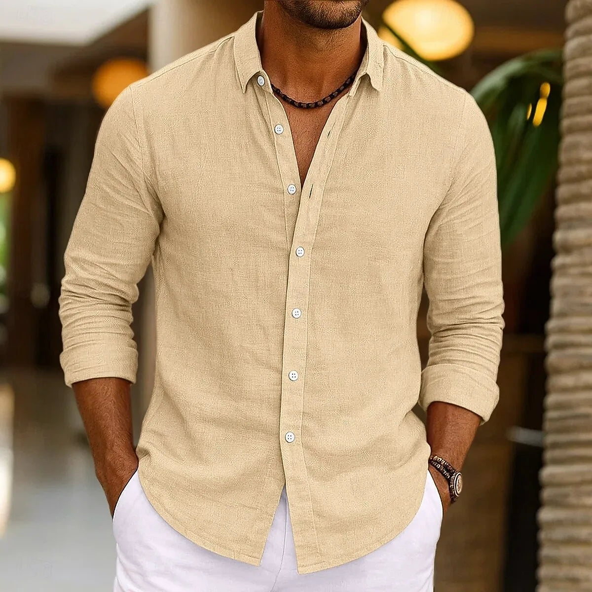 Camisa de linho masculina verão beachwear botão cor sólida algodão linho manga longa camisa férias roupas masculinas transporte rápido