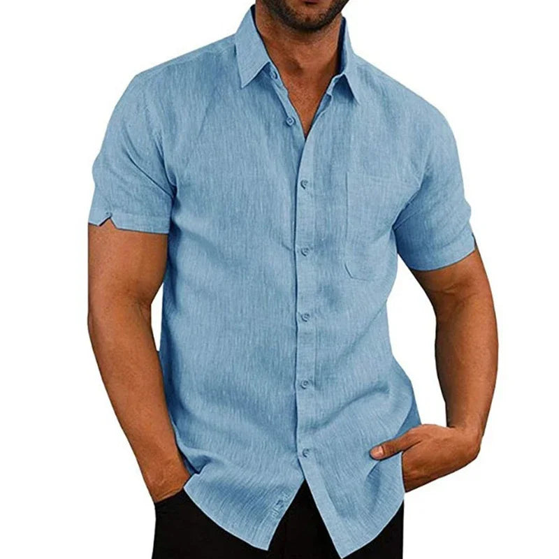 Camisas de linho de algodão de verão para homens casuais camisas de manga curta blusas sólidas gola virada para baixo camisas de praia formais roupas masculinas