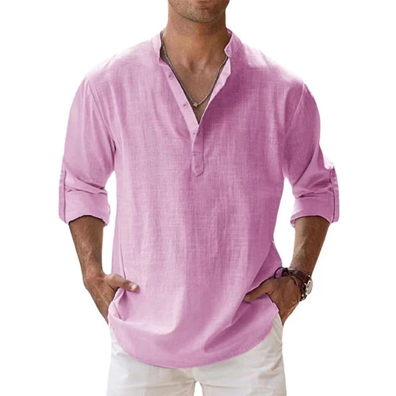 Novas camisas de linho de algodão para homens camisas casuais leves manga longa henley praia camisas havaianas para homem