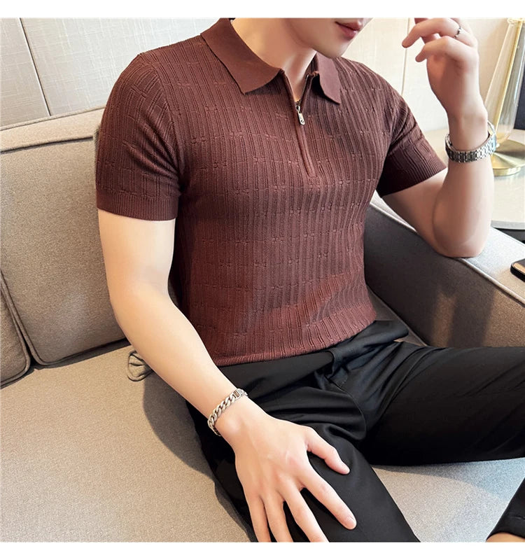 Camisa polo listrada de malha masculina manga curta 2025 verão novo sólido casual respirável luz macia fina casual t camisa roupas masculinas
