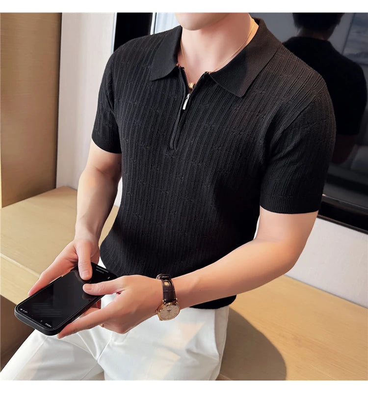 Camisa polo listrada de malha masculina manga curta 2025 verão novo sólido casual respirável luz macia fina casual t camisa roupas masculinas