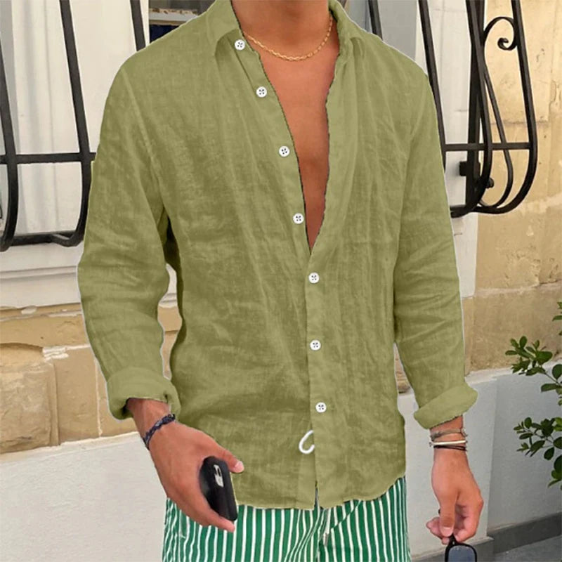 Primavera novas camisas de linho casuais dos homens manga longa botão-up turn-down colarinho camisa à beira-mar praia vintage masculino cor sólida cardigans