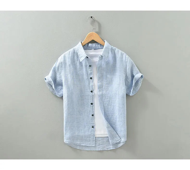 Camisas masculinas casuais de linho puro, monocromática, manga curta, tamanho grande, camisa de botões, na moda