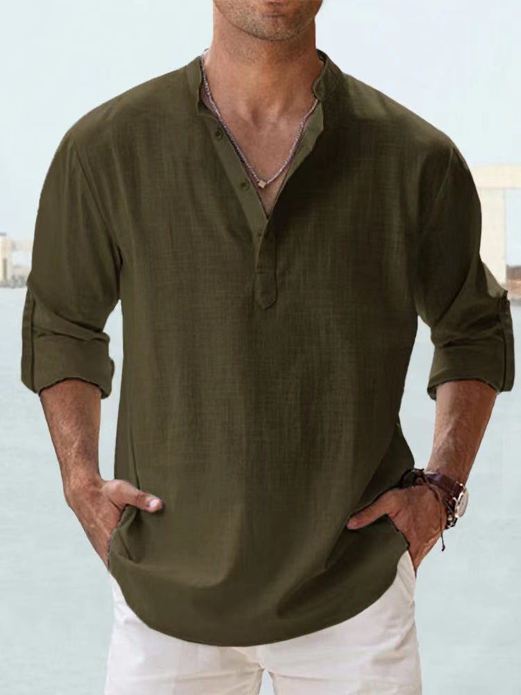 Novas camisas de linho de algodão para homens camisas casuais leves manga longa henley praia camisas havaianas para homem