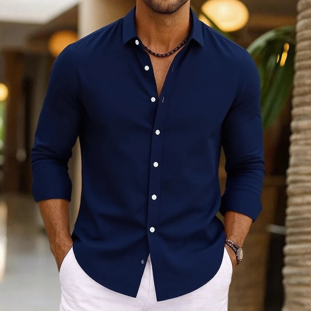 Camisa de linho masculina verão beachwear botão cor sólida algodão linho manga longa camisa férias roupas masculinas transporte rápido