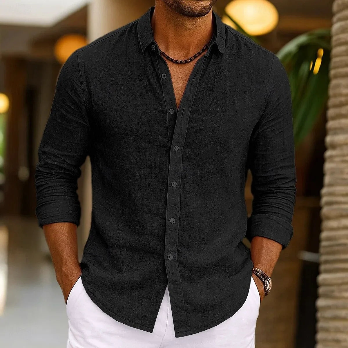 Camisa de linho masculina verão beachwear botão cor sólida algodão linho manga longa camisa férias roupas masculinas transporte rápido