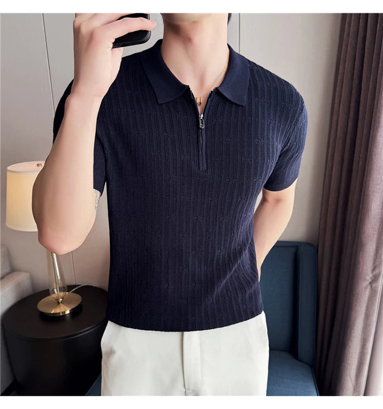 Camisa polo listrada de malha masculina manga curta 2025 verão novo sólido casual respirável luz macia fina casual t camisa roupas masculinas
