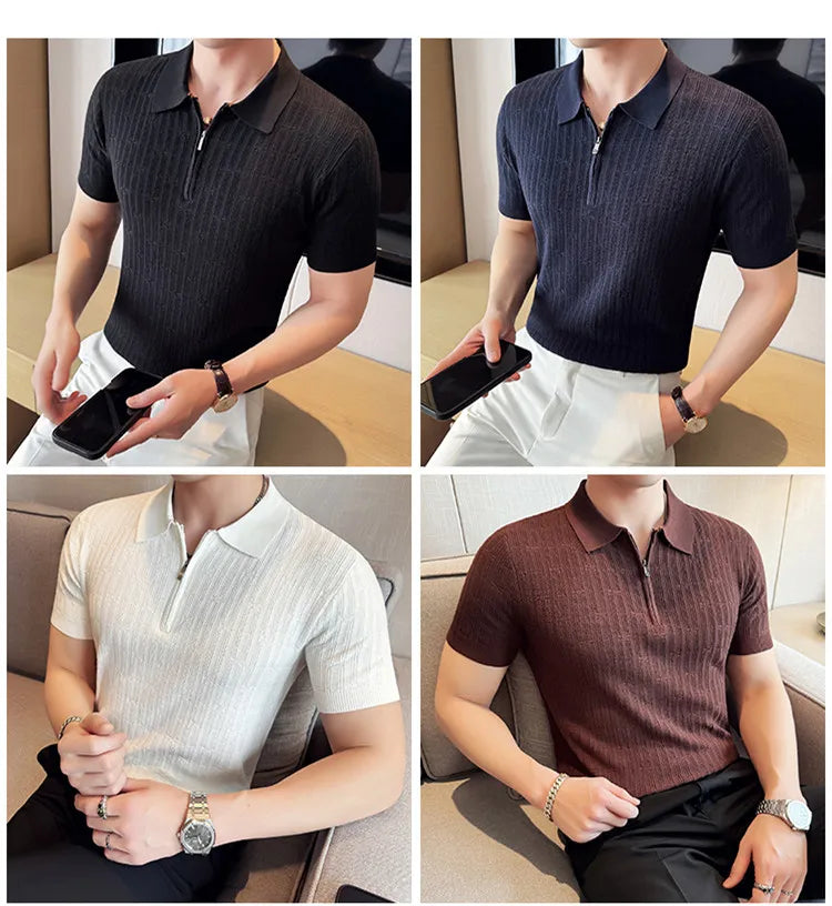 Camisa polo listrada de malha masculina manga curta 2025 verão novo sólido casual respirável luz macia fina casual t camisa roupas masculinas