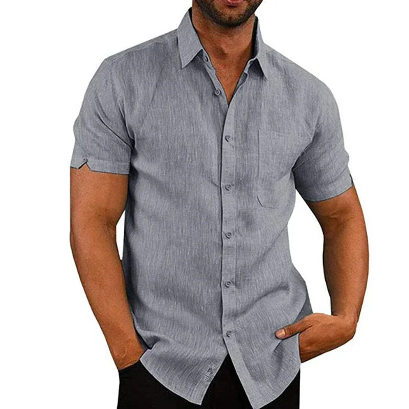 Camisas de linho de algodão de verão para homens casuais camisas de manga curta blusas sólidas gola virada para baixo camisas de praia formais roupas masculinas