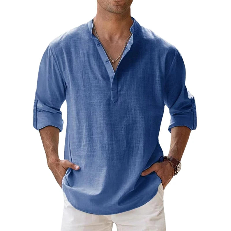 Novas camisas de linho de algodão para homens camisas casuais leves manga longa henley praia camisas havaianas para homem