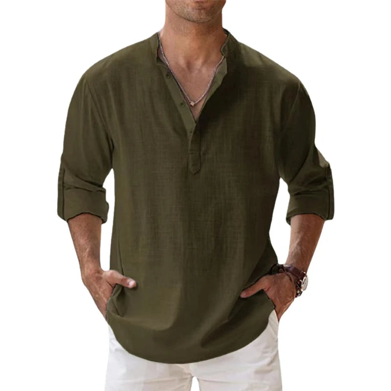 Novas camisas de linho de algodão para homens camisas casuais leves manga longa henley praia camisas havaianas para homem