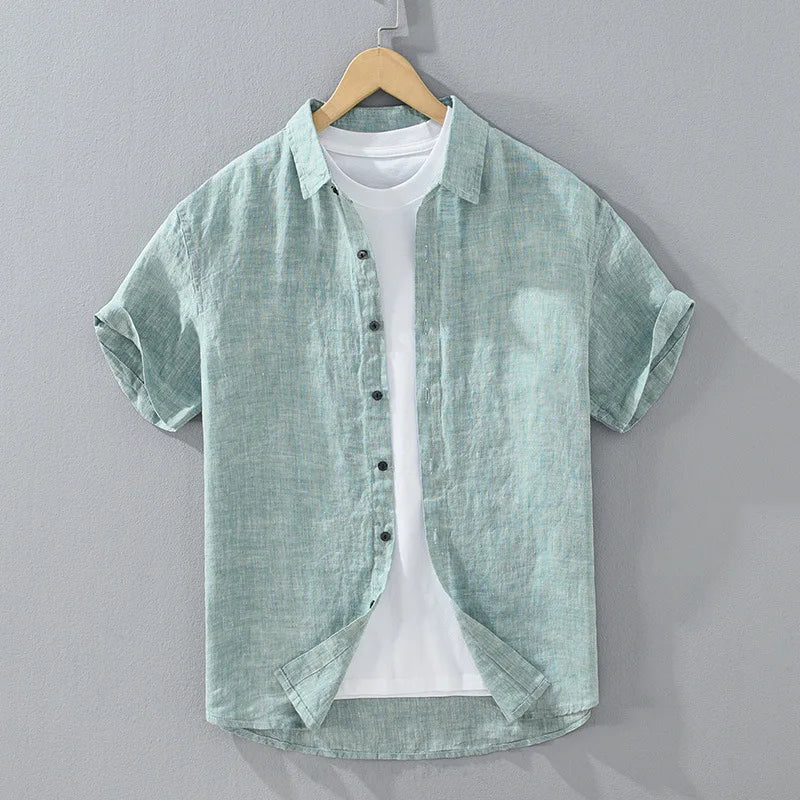 Camisas masculinas casuais de linho puro, monocromática, manga curta, tamanho grande, camisa de botões, na moda
