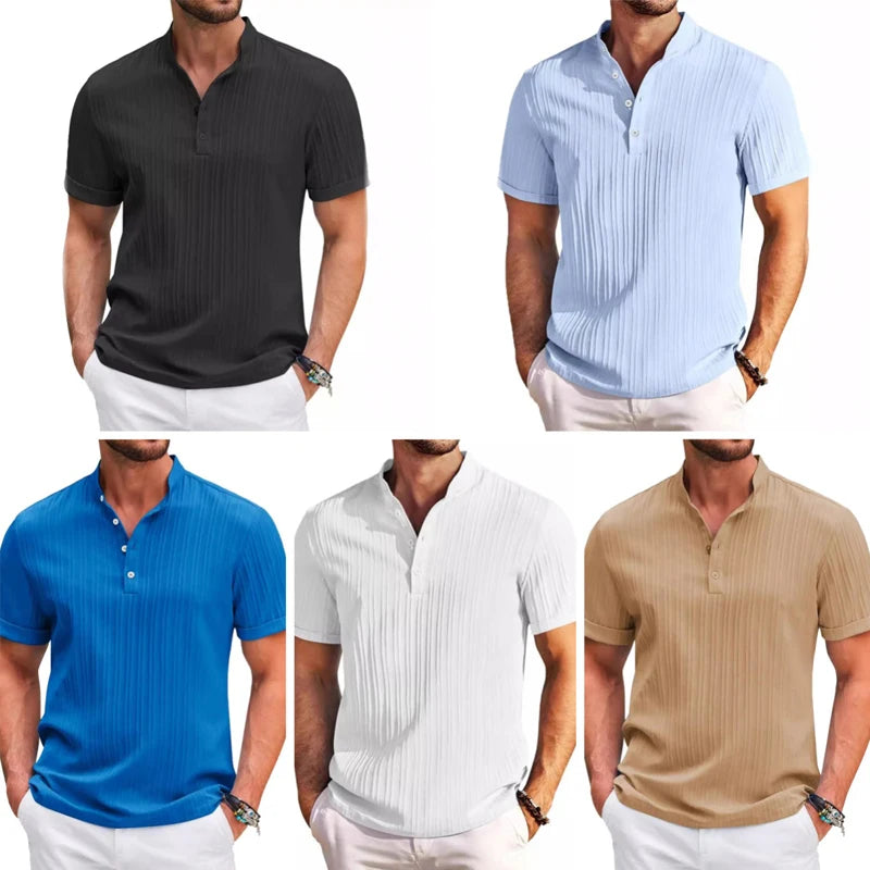 Camisa polo de linho algodão manga curta masculina, tops respiráveis, camiseta monocromática, camiseta casual, roupa de homem streetwear, moda
