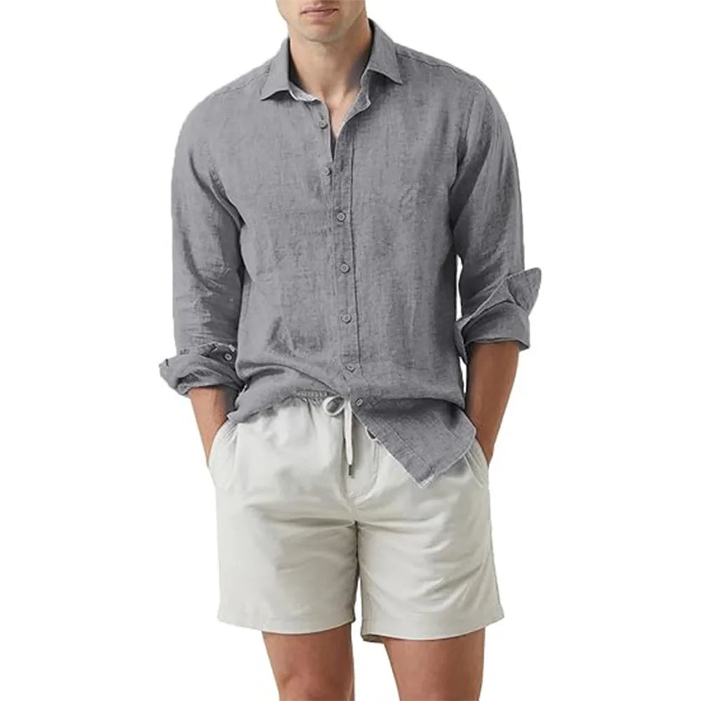Camisa de verão praia algodão linho camisas masculinas cardigan topos manga comprida gola virada para baixo ajuste fino tamanho grande