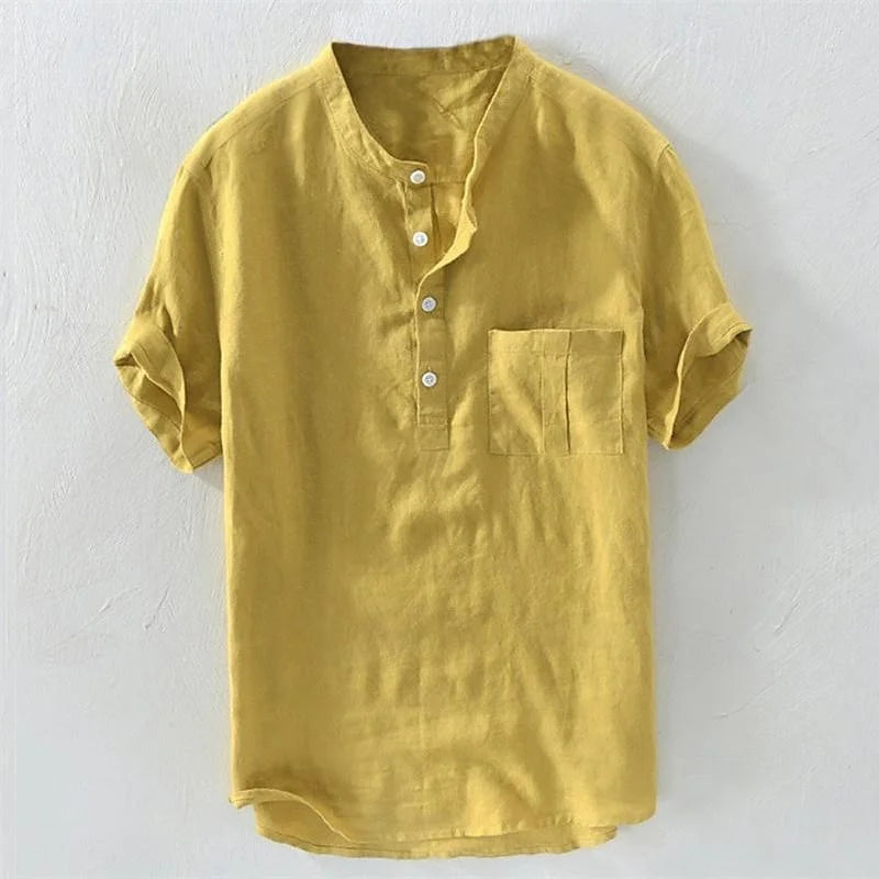 Camiseta Havaiana Masculina, Henley Decote V, Manga Curta, Top de Bolso, Cor Sólida, Camisa da Moda 100% Algodão e Linho