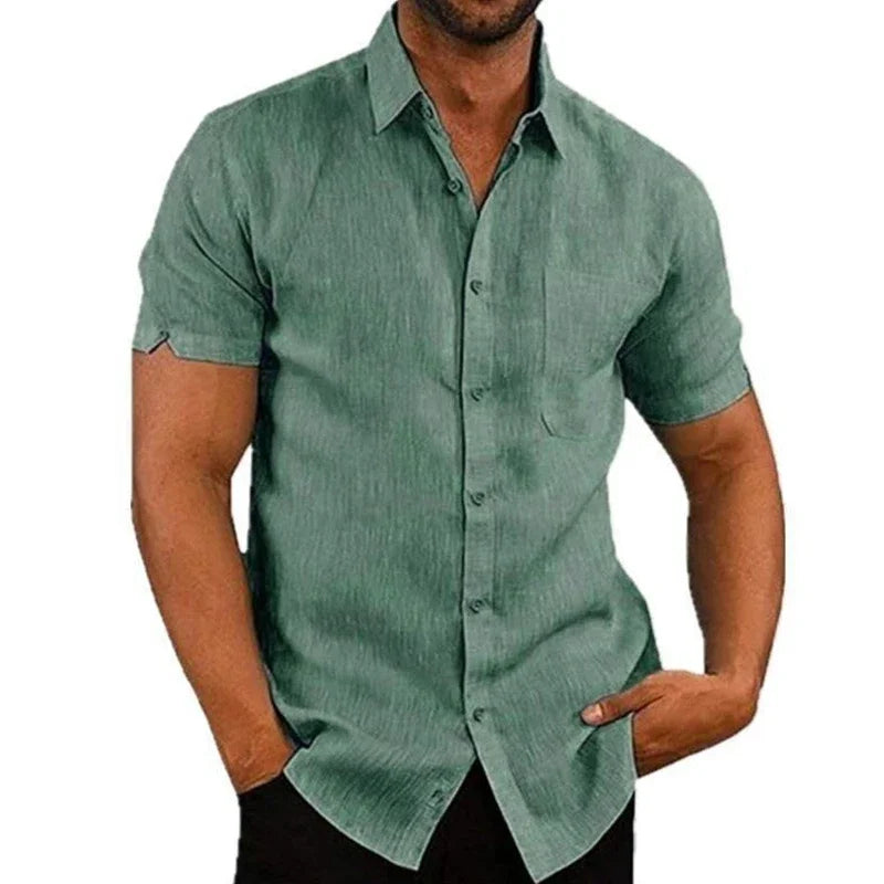 Camisas de linho de algodão de verão para homens casuais camisas de manga curta blusas sólidas gola virada para baixo camisas de praia formais roupas masculinas