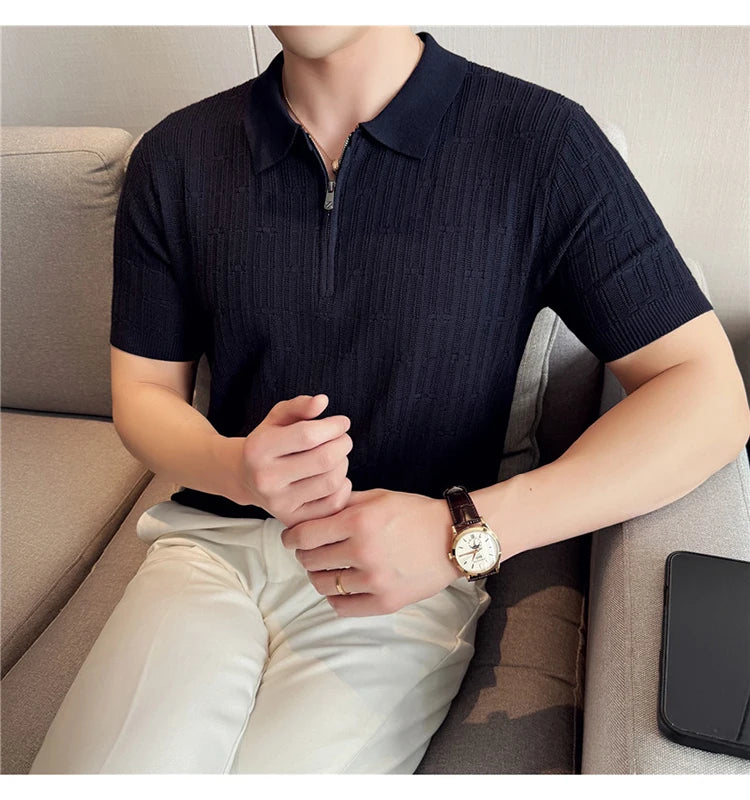 Camisa polo listrada de malha masculina manga curta 2025 verão novo sólido casual respirável luz macia fina casual t camisa roupas masculinas