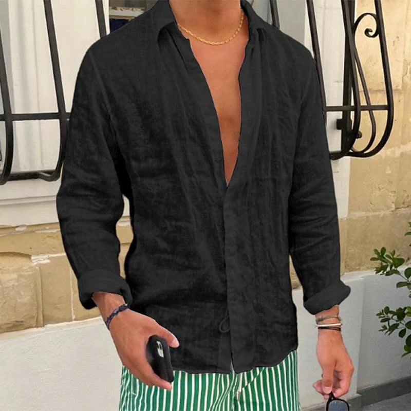 Primavera novas camisas de linho casuais dos homens manga longa botão-up turn-down colarinho camisa à beira-mar praia vintage masculino cor sólida cardigans