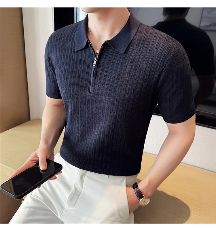 Camisa polo listrada de malha masculina manga curta 2025 verão novo sólido casual respirável luz macia fina casual t camisa roupas masculinas