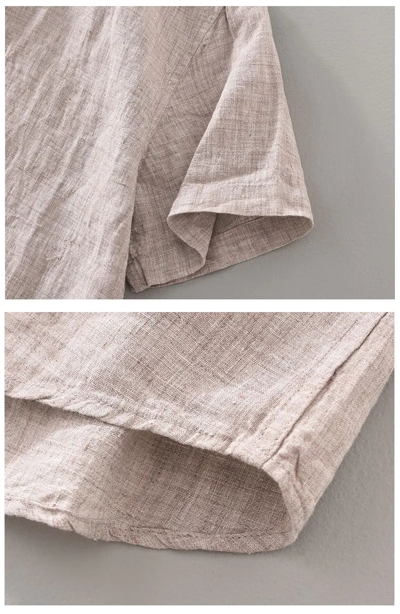Camisas masculinas casuais de linho puro, monocromática, manga curta, tamanho grande, camisa de botões, na moda