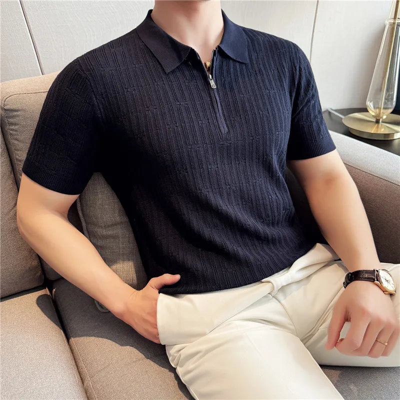 Camisa polo listrada de malha masculina manga curta 2025 verão novo sólido casual respirável luz macia fina casual t camisa roupas masculinas