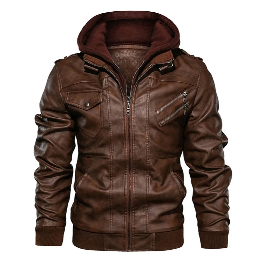 Jaqueta de Couro Masculina Motoqueiro com Capuz Destacável