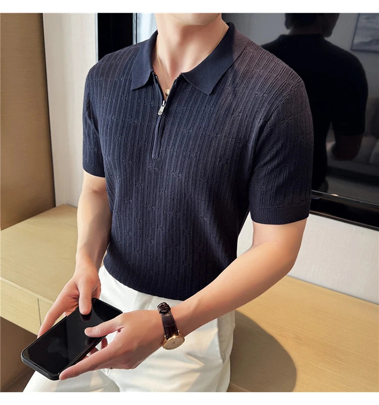 Camisa polo listrada de malha masculina manga curta 2025 verão novo sólido casual respirável luz macia fina casual t camisa roupas masculinas